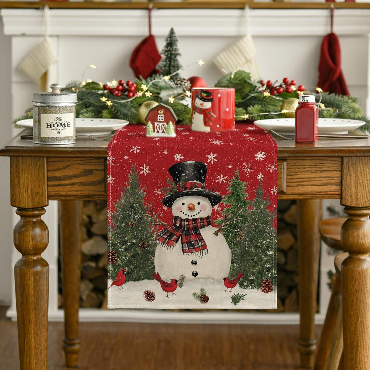 TISCHLÄUFER Schneemann Vögel Weihnachten 40 x 300 cm Rot - Rot, Textil (300/40/1.5cm)