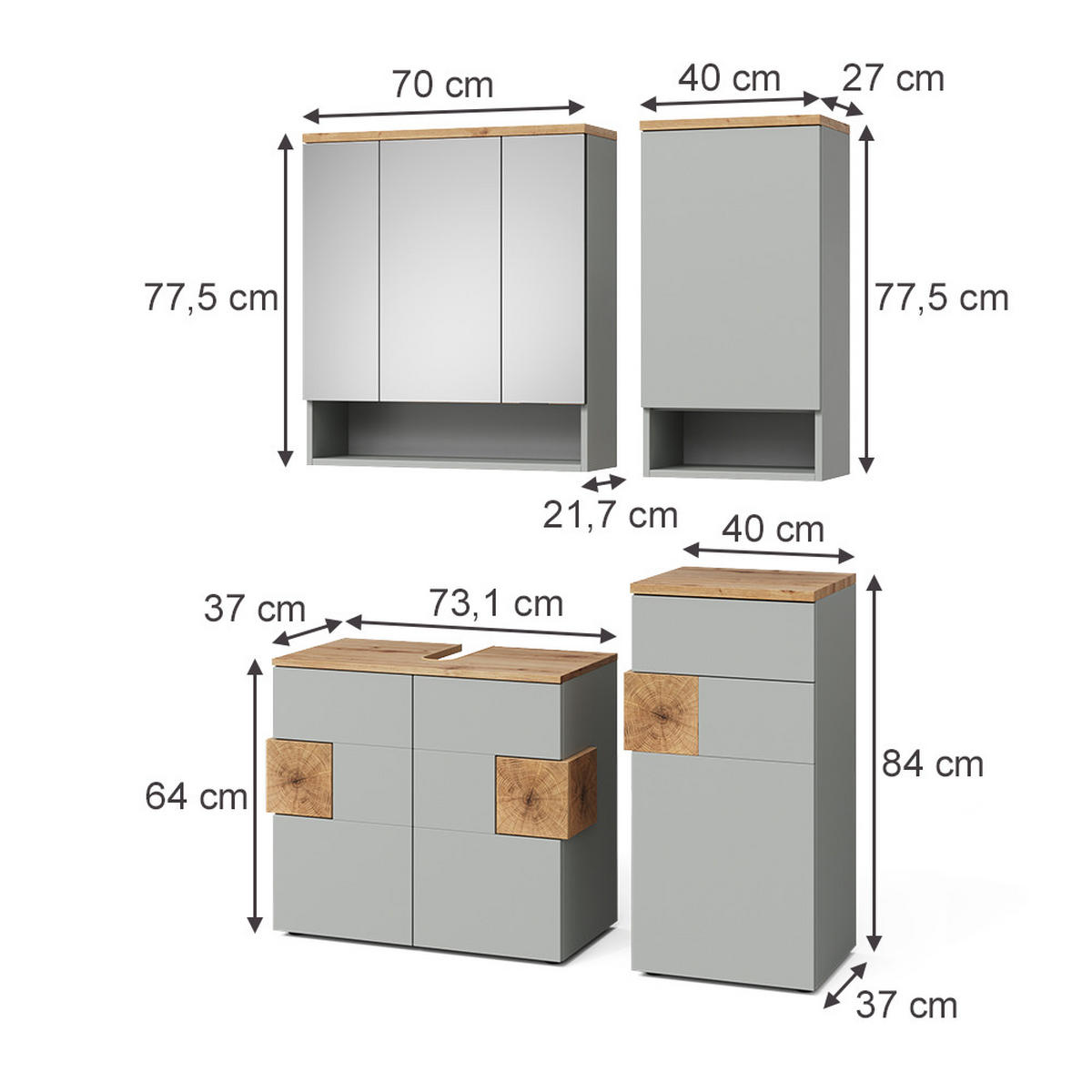 BADMÖBEL-SET Eden Grau/Artisan 4 Teile - Hellgrau/Grau, Holzwerkstoff (76/64/37cm) - Vicco