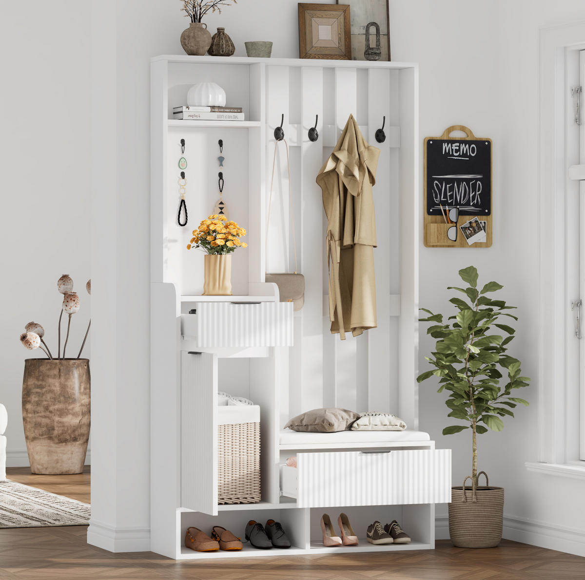 GARDEROBE 6-in-1 mit Sitzbank 100 x 30 x 180 cm Weiß - Weiß, Holzwerkstoff (30/180/100cm) - Beauniv