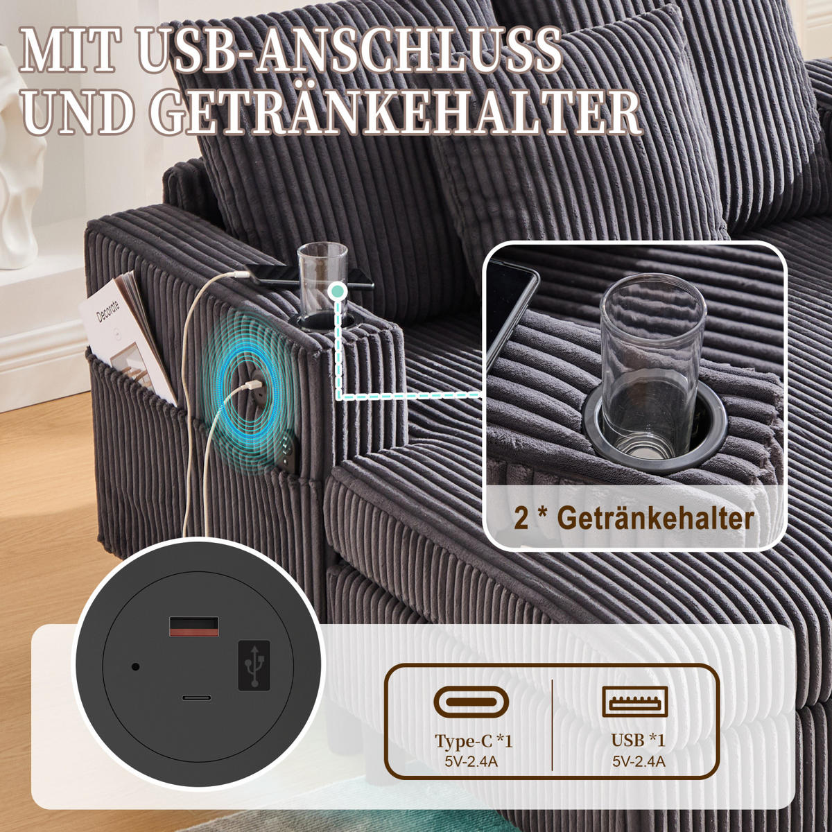 SCHLAFSOFA,SCHLAFCOUCH Grau, Cordbezug mit Beleuchtung&USB und Getränkehalter - Grau, Textil (142/85/128cm) - PARAFTA HOME