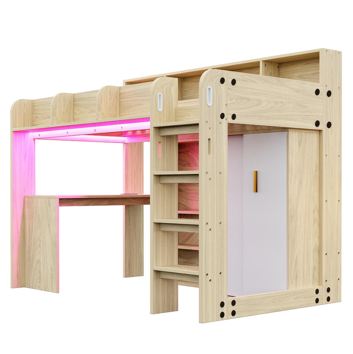HOCHBETT aus MDF, Spanplatte und Sperrholz 90x200 cm Holzfarbe mit Schreibtisch, Kleiderschrank, LED-Beleuchtung und Steckdose - Naturfarben, Holzwerkstoff (90/200cm) - Modfu