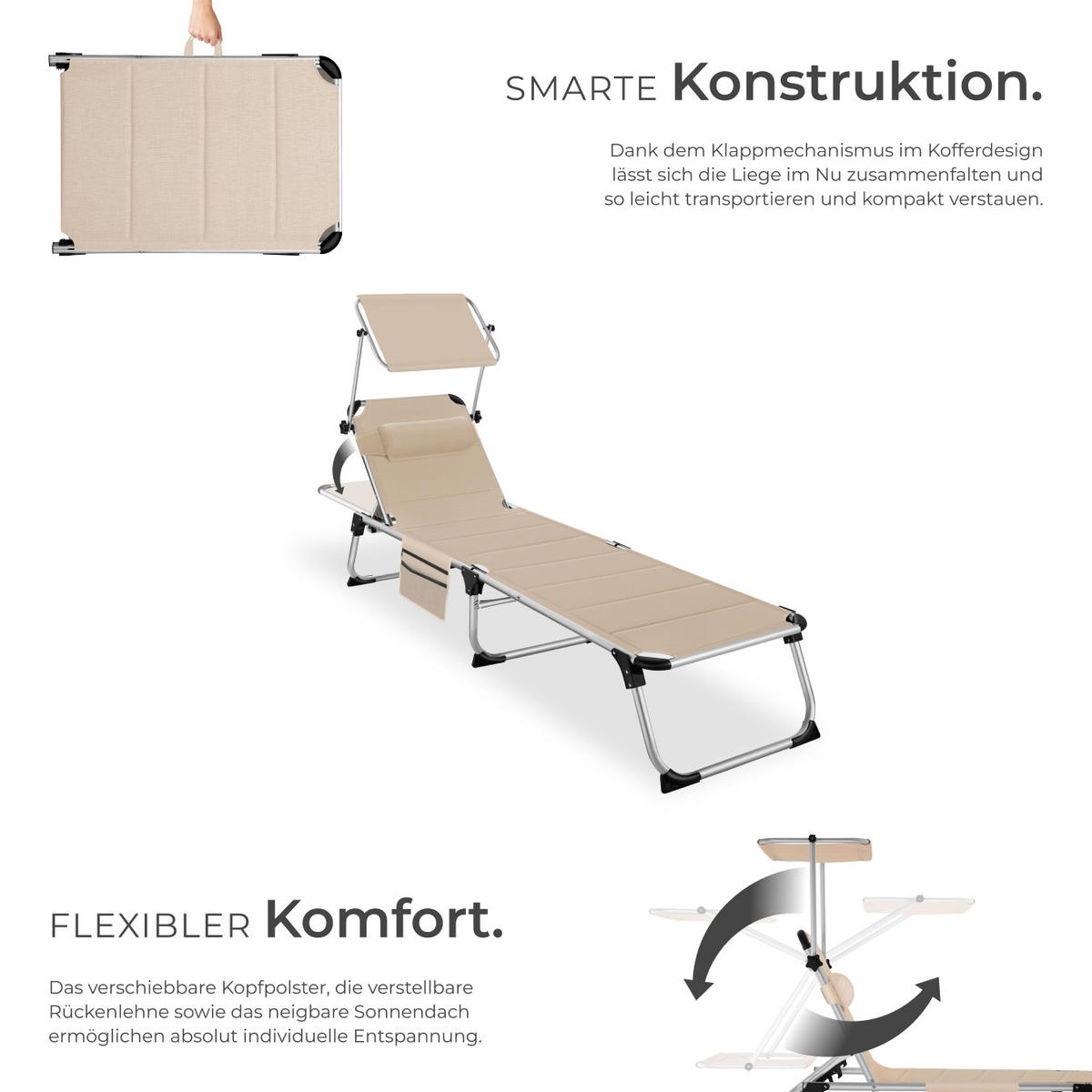 SONNENLIEGE Lorella,220 x 60,5 x 34 cm, mit Seitentasche ,beige - Beige, Kunststoff (60.5/115/200cm) - tectake