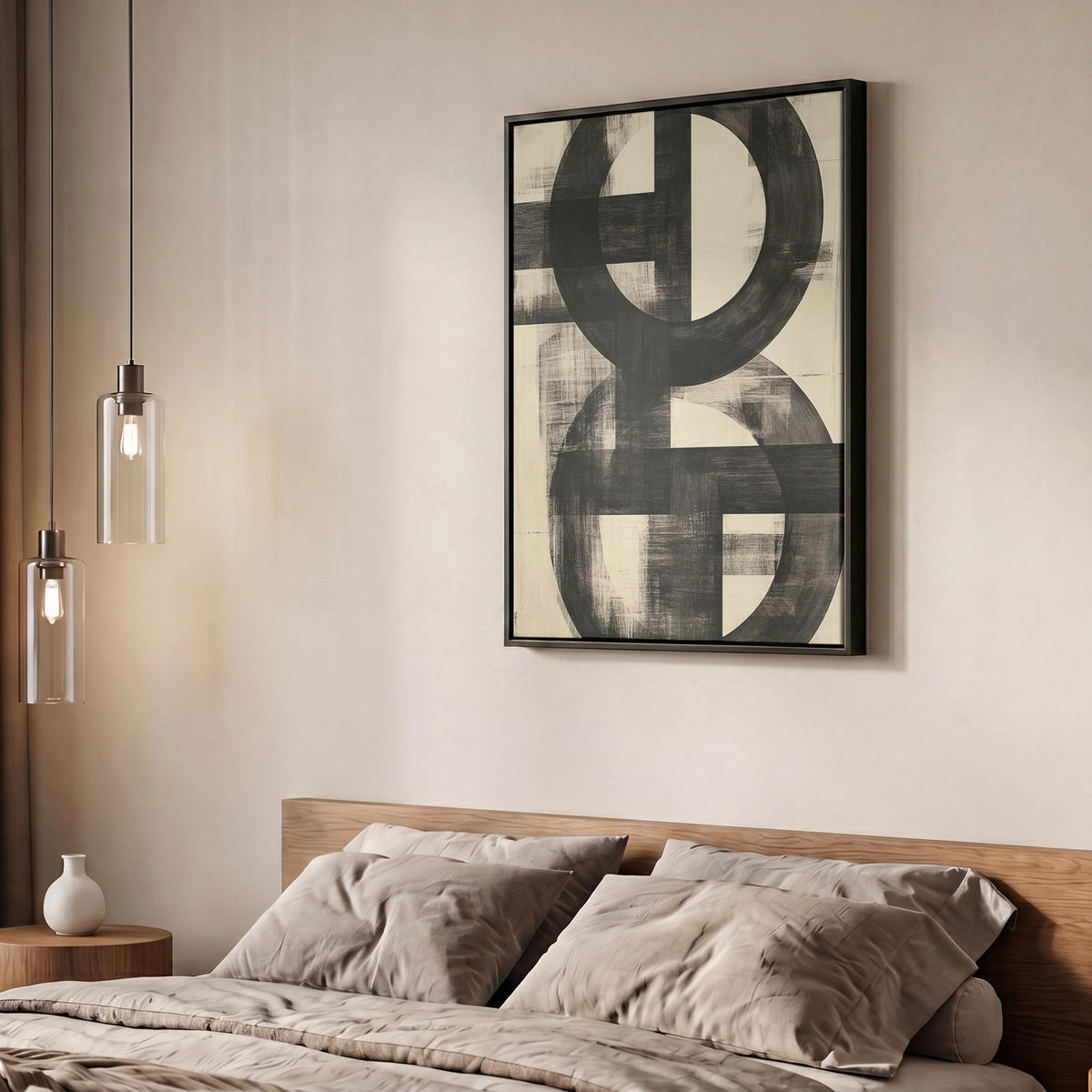 LEINWAND Bilder mit Rahmen - Kreise - Balken - Schwarz - Abstrakt - 60x80 - Schwarz, Textil (60/80cm) - MuchoWow