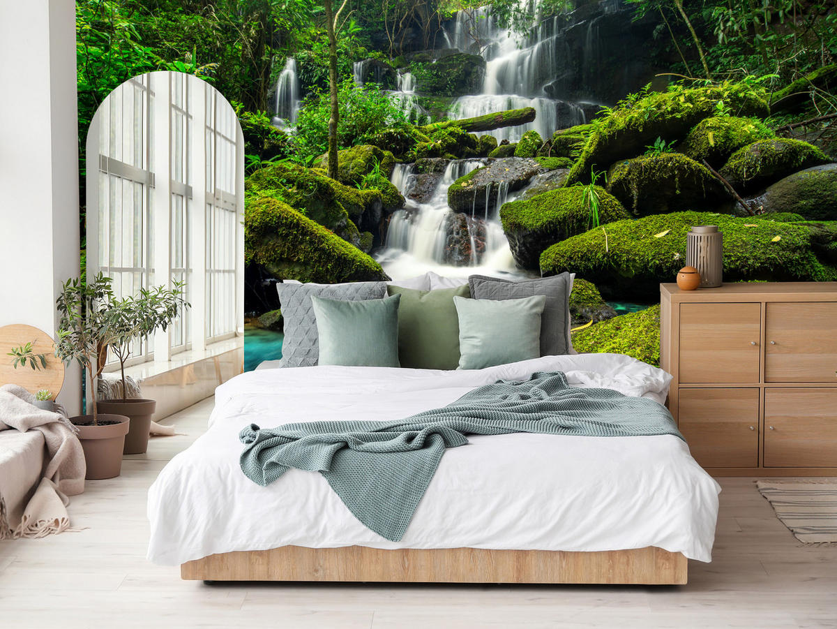 FOTOTAPETA Pre Kuchyňu Vodopád Džungľa Stromy Kamene Tropická 500 x 350 cm - modrá/sivá, papier (500/350cm) - Muralo