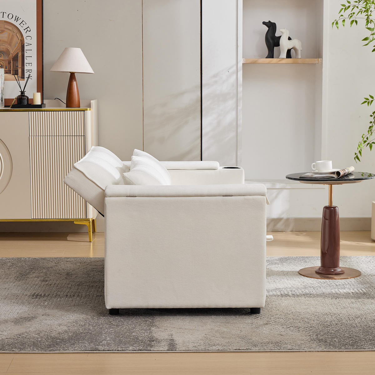 SCHLAFSOFA 140.5/74/82 cm Beige mit USB-Anschluss, verstecktem Tisch und Getränkehalter - Beige, Textil (140.5/82/74cm) - Oxeza