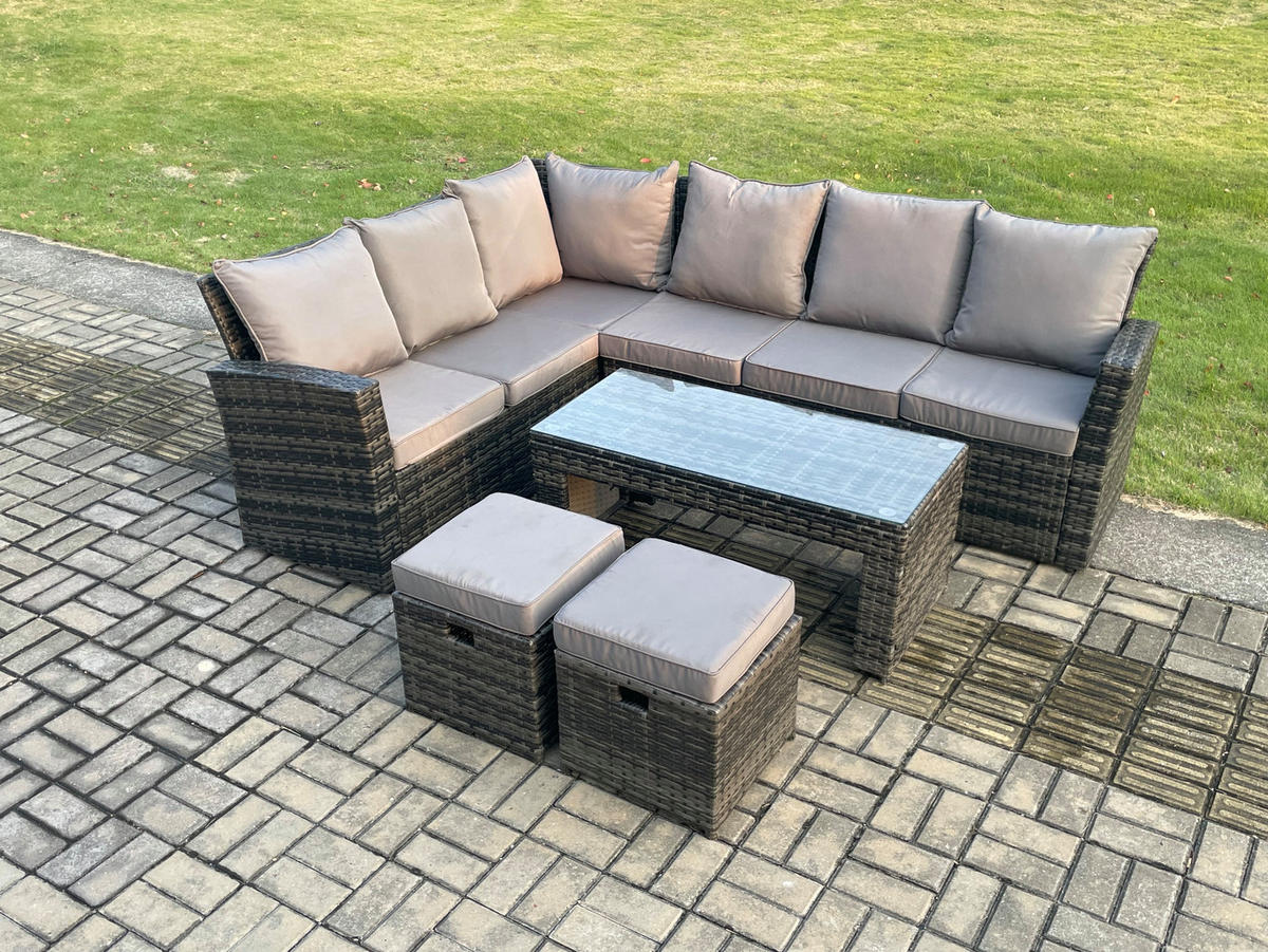 BALKONMÖBEL-SETS mit Ecksofa,Länglicher Couchtisch,2 Hockern Polyrattan Dunkelgrau 8-Sitzer - Dunkelgrau/Grau, Glas/Kunststoff - Fimous