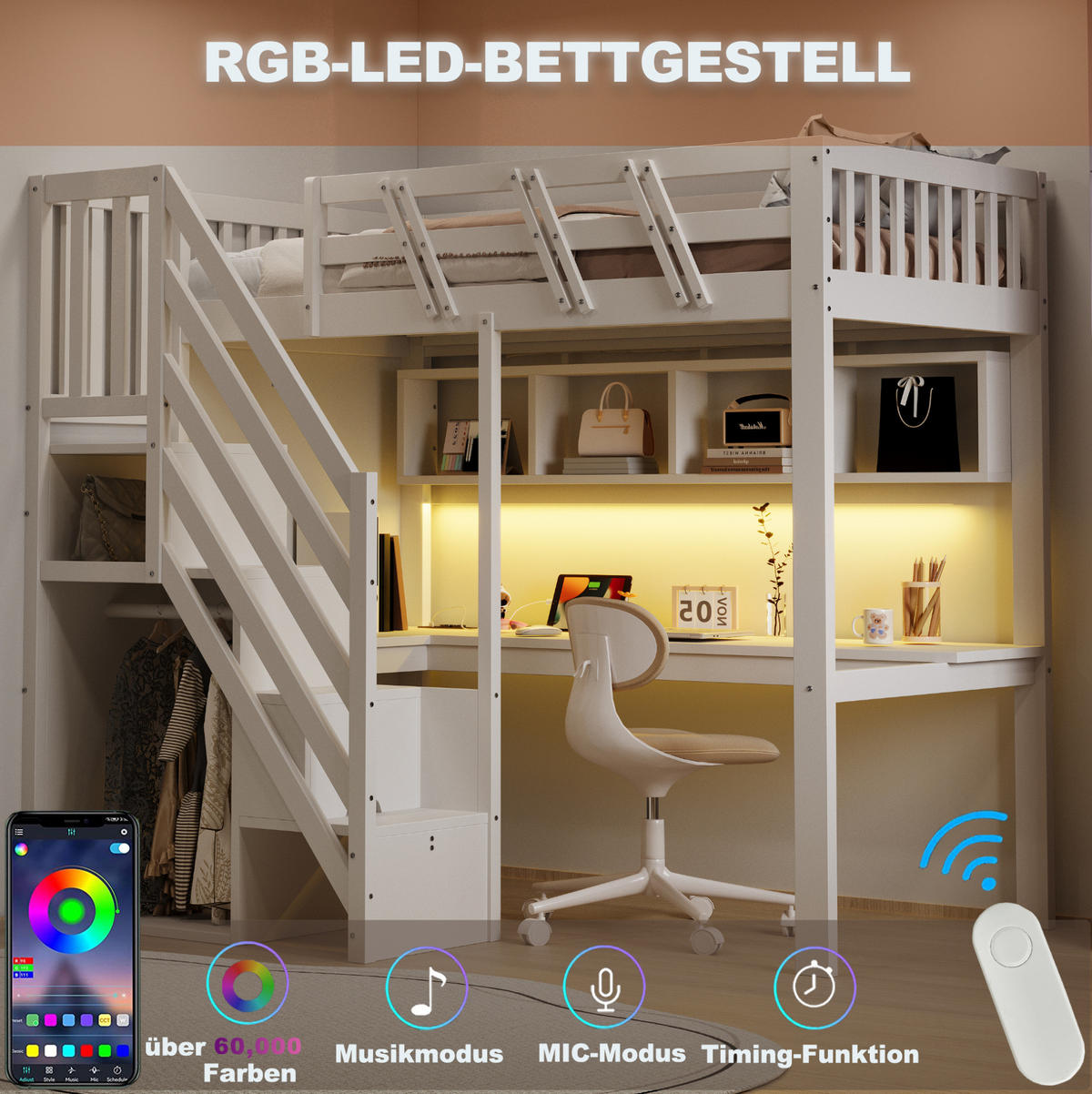 HOCHBETT Holz 90x200 cm Weiß mit Schreibtisch, Stauraumtreppe, LED und Steckdosen - Weiß, Holz (90/200cm) - Modfu