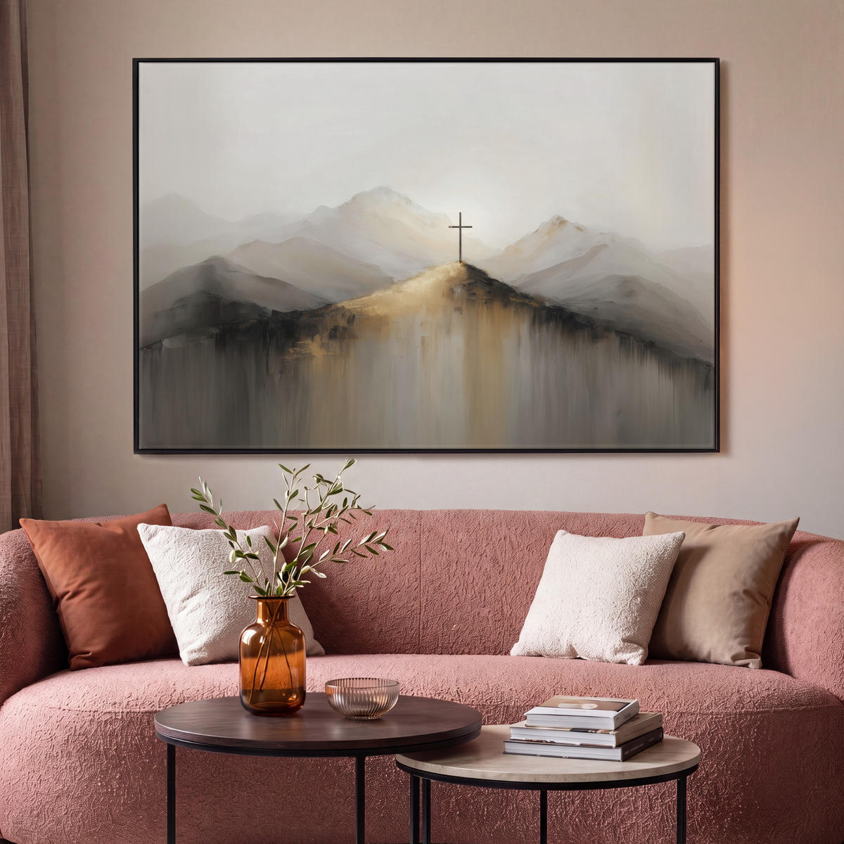LEINWAND Bilder mit Rahmen - Hügel - Abstrakt - Kreuz - Christentum - 140x90 - Beige, Textil (140/90cm) - MuchoWow