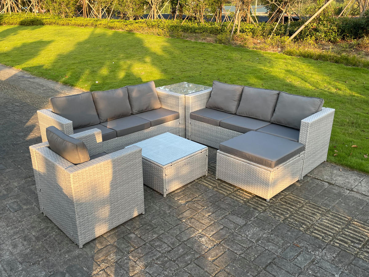 GARTENMÖBEL SET mit Couchtisch Polyrattan Helles Grau 8-Sitzer - Hellgrau, Metall - Fimous