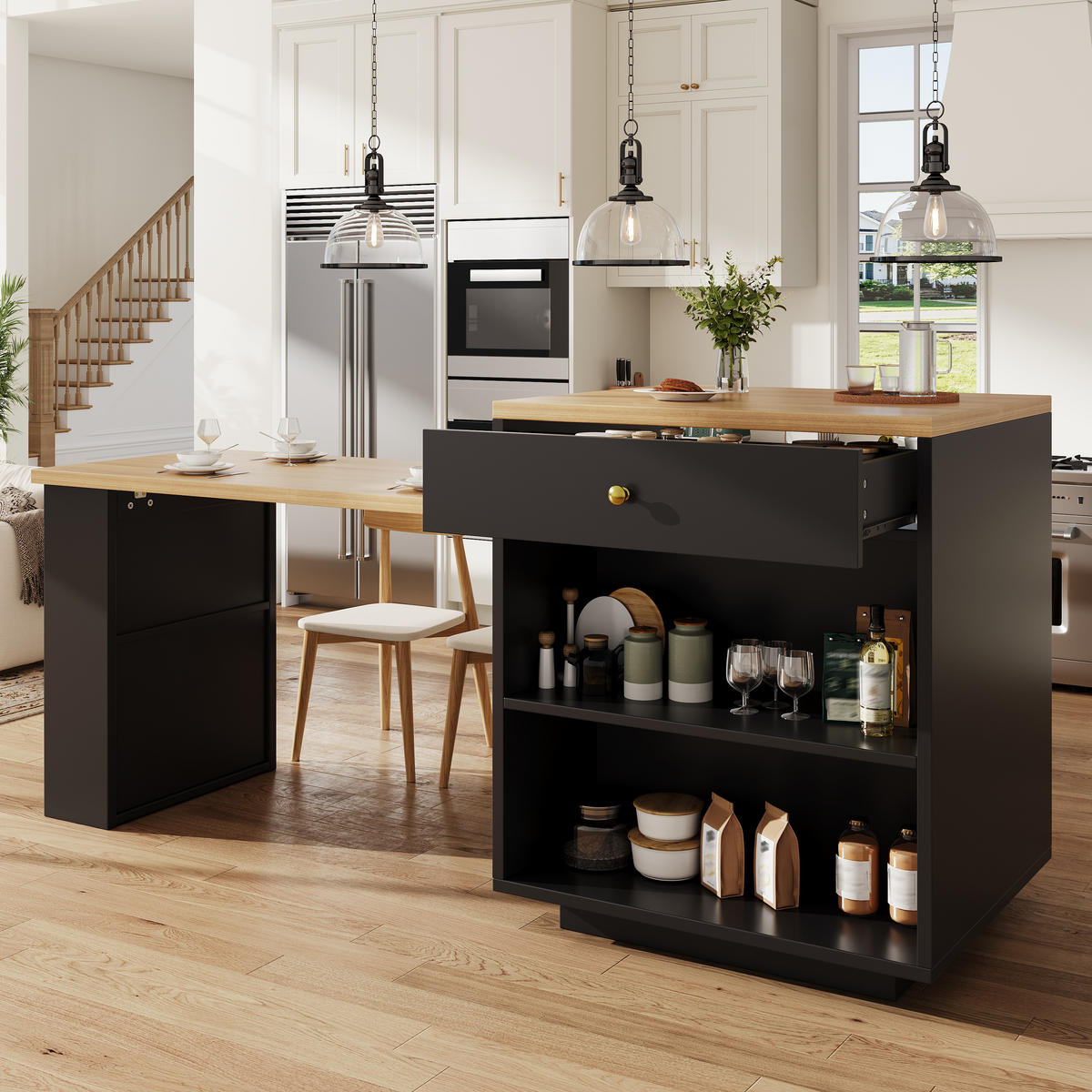 KÜCHENINSEL Ausziehbar 122 195cm Tischplatte Weiß Schwarz - Schwarz, Holzwerkstoff (122.5/93.8/70cm) - FLIEKS