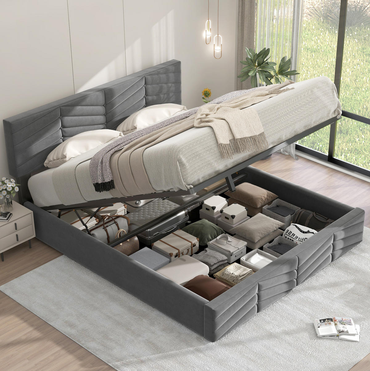 POLSTERBETT 140/200 cm Grau aus Samt mit Bettkasten - Grau, Textil (140/200cm) - OKMYHOME