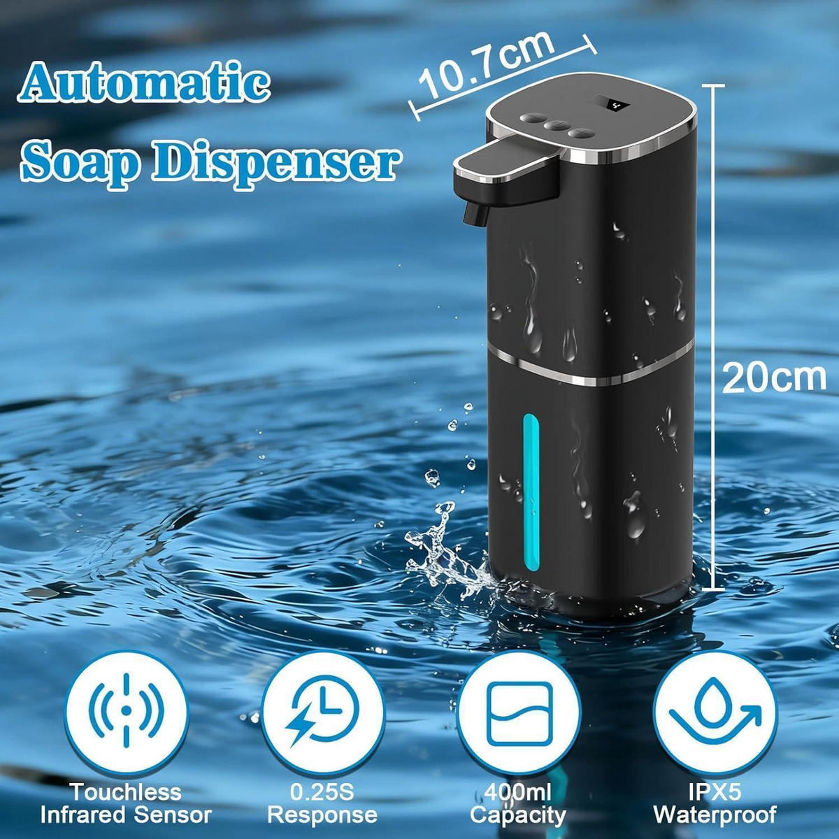 SEIFENSPENDER Automatisch 400ml Schwarz mit Display und USB - Schwarz, Kunststoff (7.5/21/11.6cm)