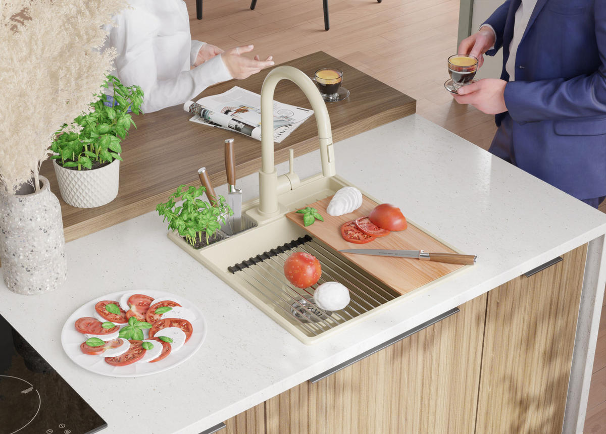 SPÜLBECKEN New York, 2-er set Beige 48/53 cm 1 Becken + Ablauf-Set + Küchenzubehörset ab 50er Unterschrank - Chromfarben/Beige, Kunststoff (48/20/53cm) - Primagran