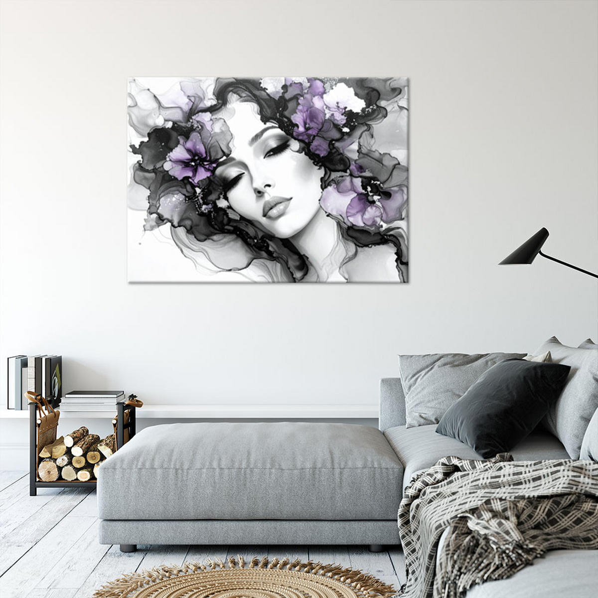 LEINWANDBILD Frau mit violetten Blumen auf dem Kopf 90x60cm - Grau, Textil (90/60cm) - Feeby