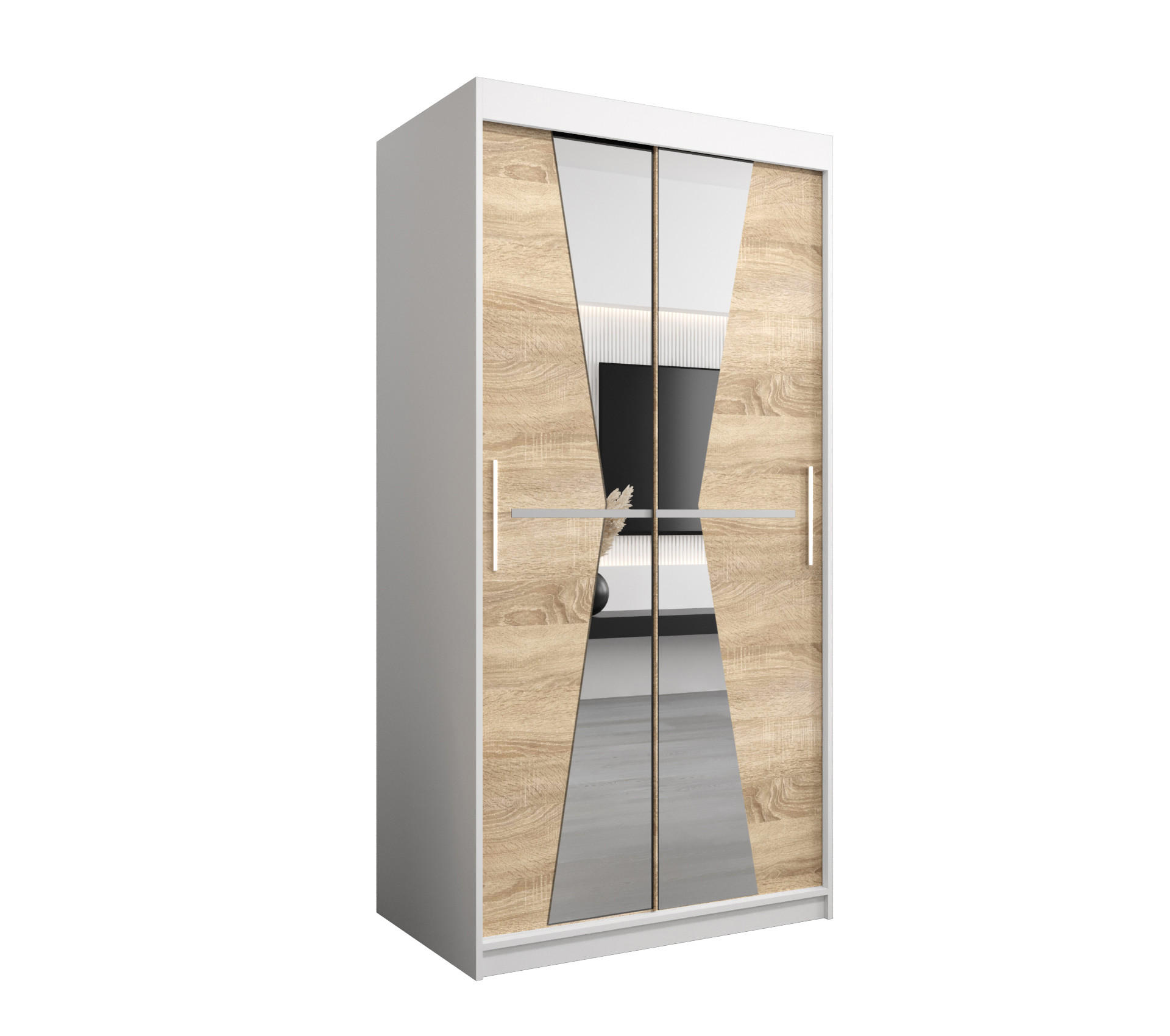 Abiks Möbel Schwebetürenschrank Weiß, Sonoma Eiche 100x200x62 cm