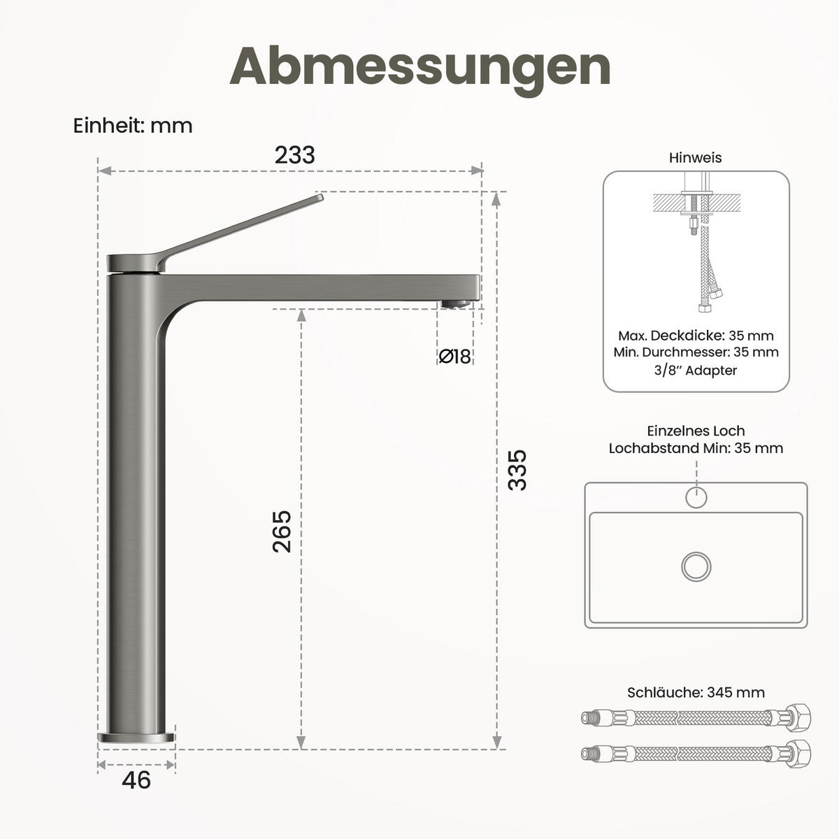 WASCHTISCHARMATUR mit Zertifiziertem Filterelement Anthrazit Matt Hoher Stil - Anthrazit, Metall (23.3/4.6/33.5cm) - EMKE