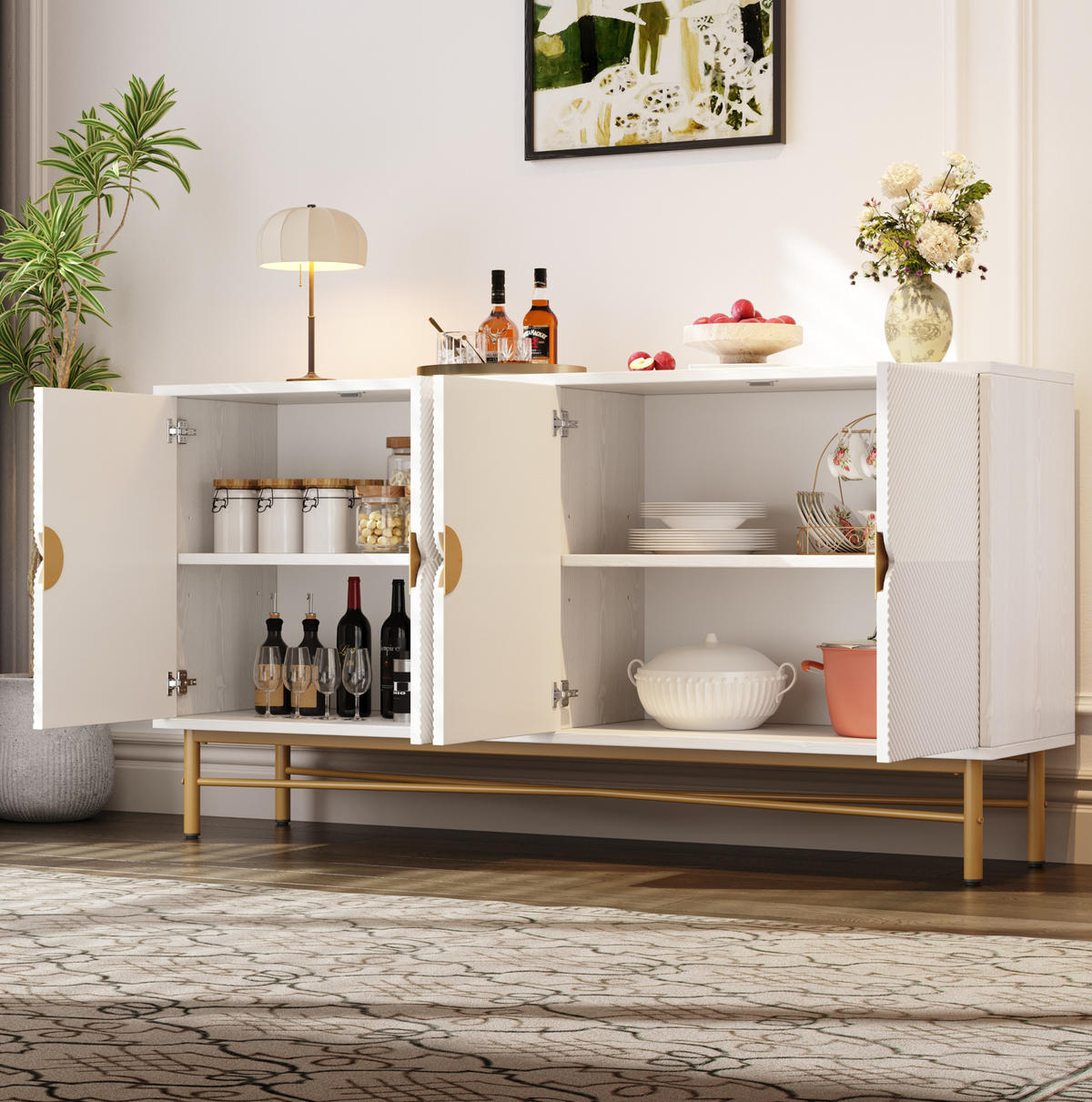 SIDEBOARD aus MDF und Spanplatte 160x40x82 cm Weiß mit 4 Türen, Soft-Close und strukturierter Front - Weiß, Holzwerkstoff (160/82/40cm) - Modfu