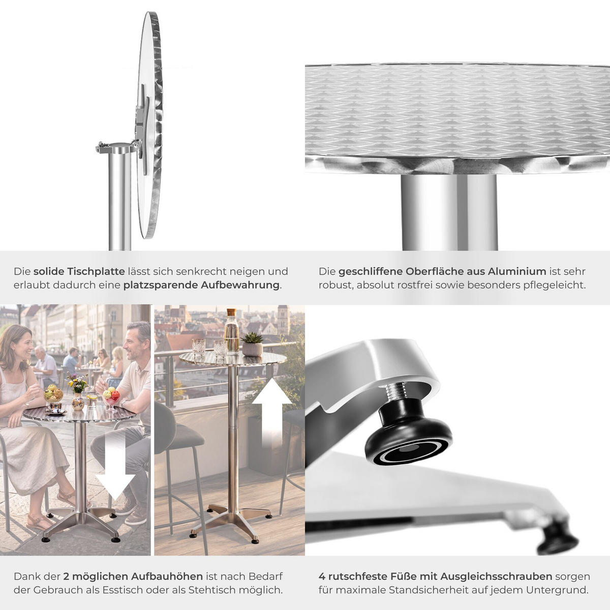 BISTROTISCH aus Aluminium Viktor, höhenverstellbare Kunststofffüße, silber - Silberfarben, Holz (67/67/115cm) - tectake