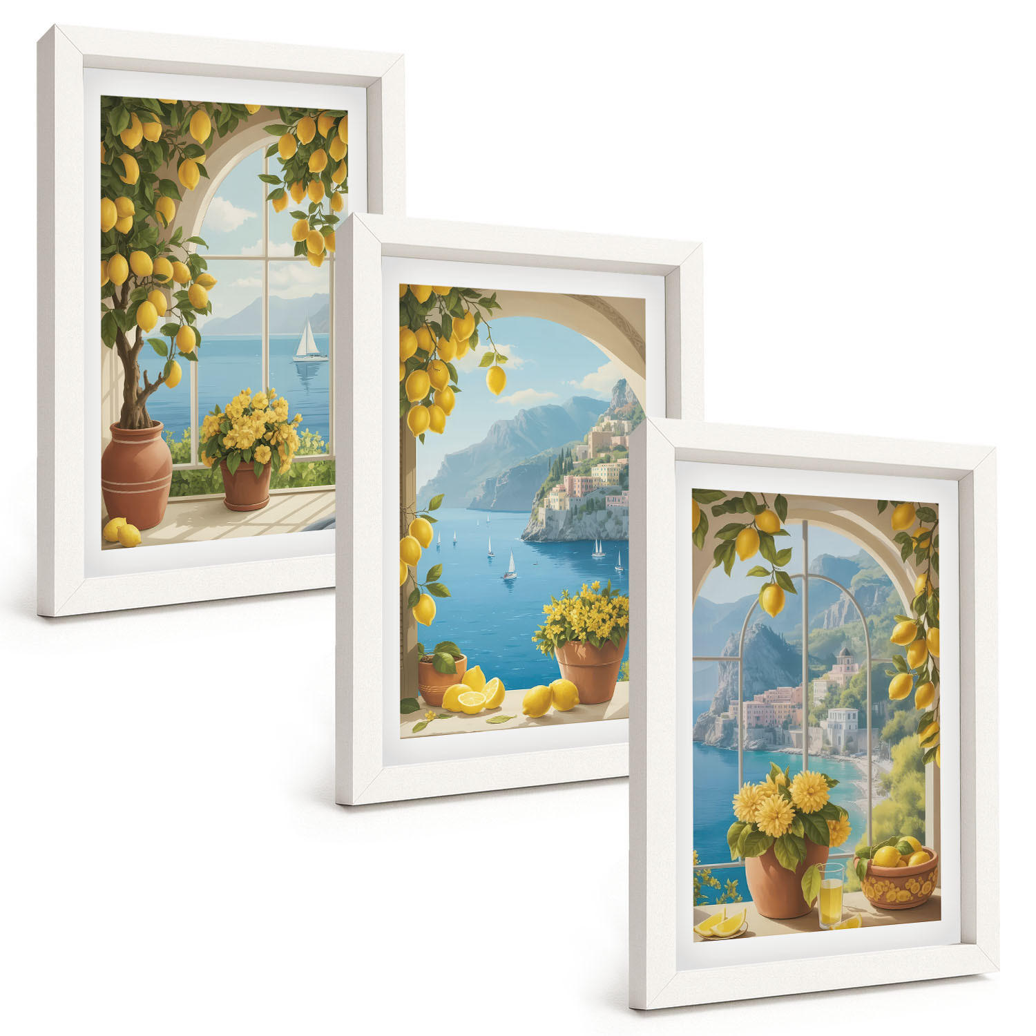 BILDER SET 3er Set - 20x30 cm Weißer Rahmen - Meereslandschaften, Zitronen, Fenster - Weiß, Kunststoff (20/30cm) - TULUP