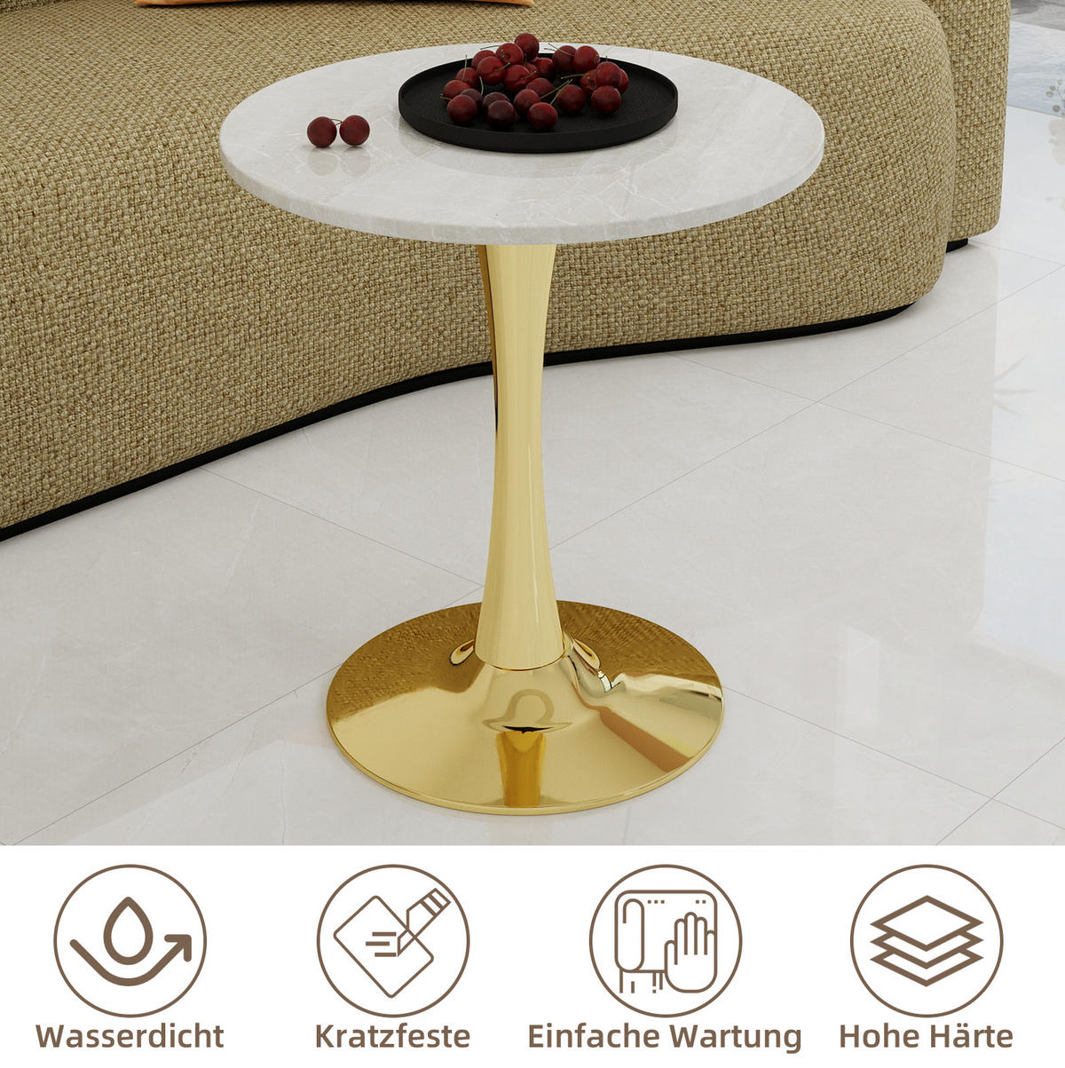 COUCHTISCH 70.1 cm Gold/Weiß aus Kunstmarmor mit runder Tischplatte - Goldfarben, Stein (70/70/72cm) - OKMYHOME