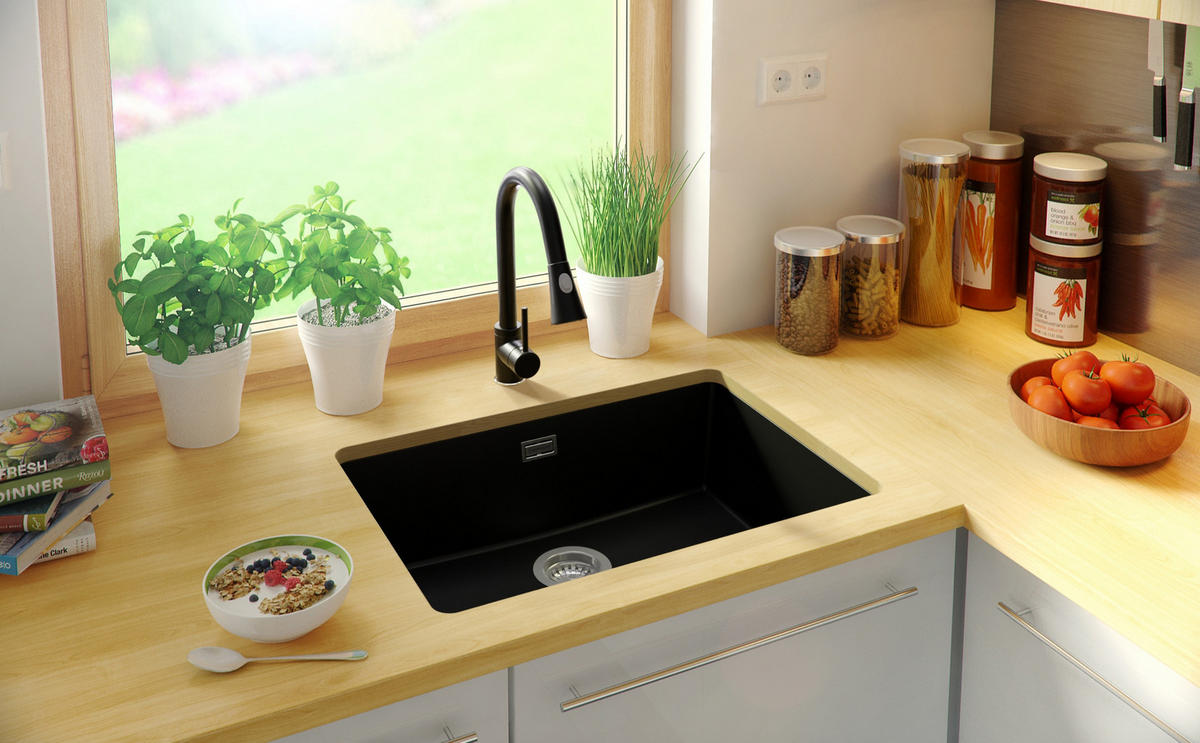 UNTERBAUSPÜLE GRANIT London, 2-er set Schwarz 66/47 cm 1 Becken + Küchenarmatur 40/38 cm + Ablauf-Set ab 70er Unterschrank - Chromfarben/Schwarz, Kunststoff (66/20/47cm) - Primagran