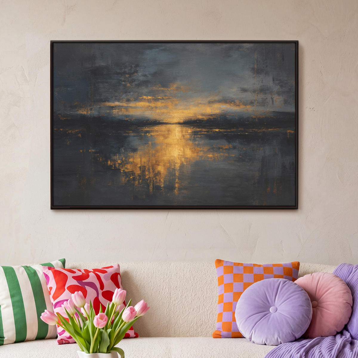LEINWAND Bilder mit Rahmen - Goldene Reflexion auf dem Wasser - 90x60 - Anthrazit, Textil (90/60cm) - MuchoWow
