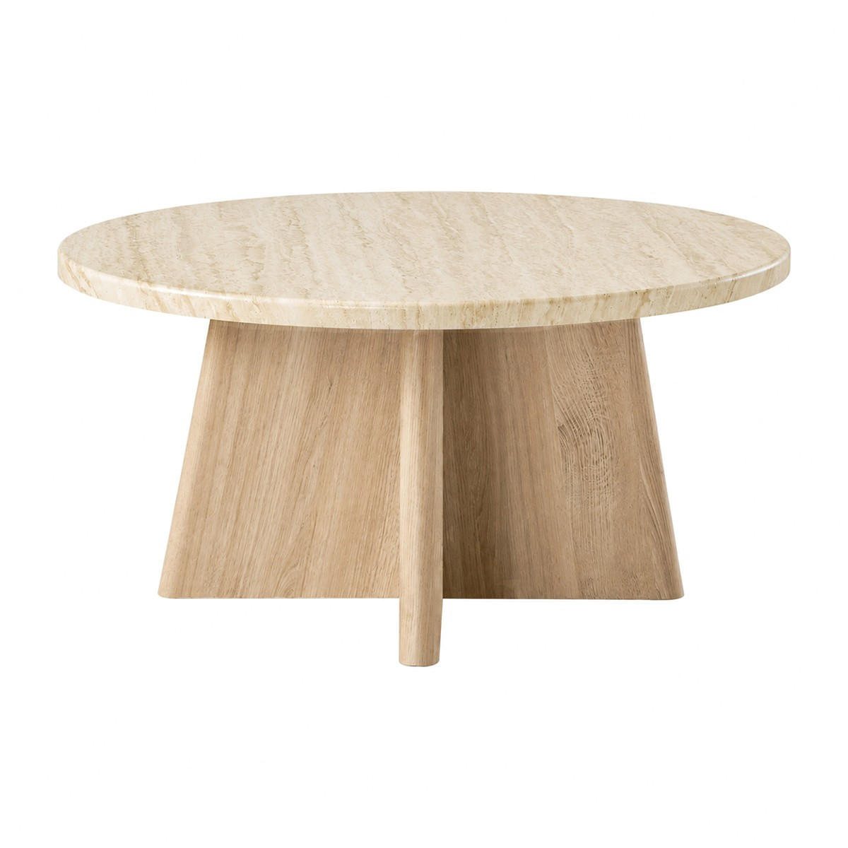KULATÝ konferenční stolek s travertinovou úpravou a dubovou podnoží, průměr 80 cm - AGÁT - béžová, kompozitní dřevo (80/40/80cm) - Calicosy