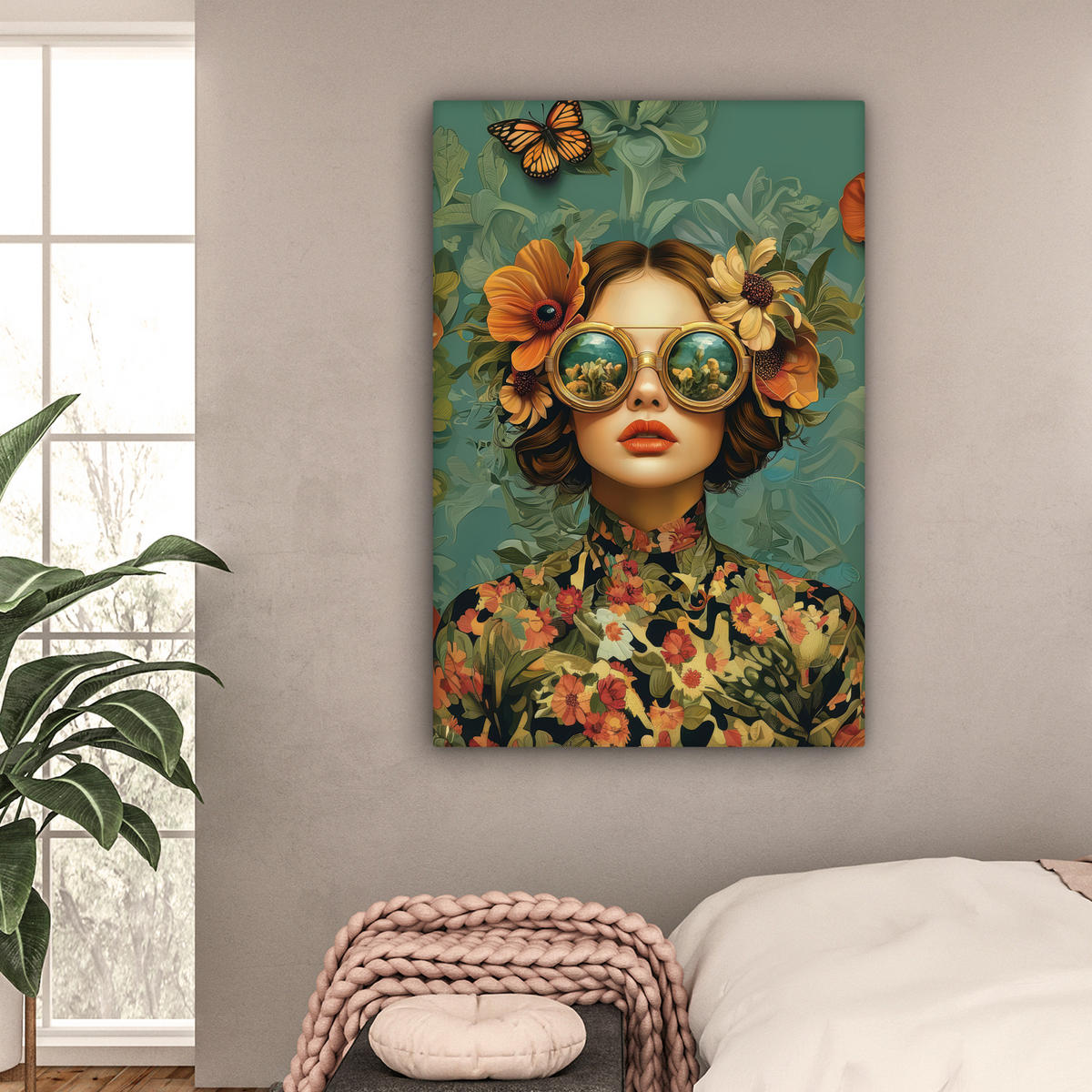 LEINWANDBILD Frau - Blumen - Schmetterlinge - Natur - Vintage Deko XXL 80x120 cm - Salbeigrün, Textil (80/120cm) - MuchoWow