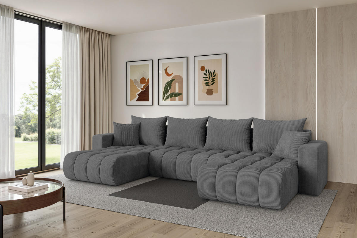 SEDACÍ SOUPRAVA DO U s funkcí spaní a úložným prostorem MILA-U-v1 378x194x86 tmavě šedá manšestr - černá/tmavě šedá, kompozitní dřevo/textil (378/86/194cm) - ALTDECOR