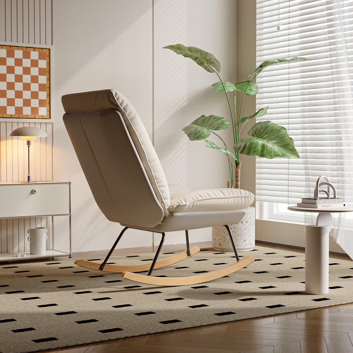 SCHAUKELSTUHL Holzbeine Stoff beige grau - Beige, Holz (90/70/63cm) - LEBENLANG