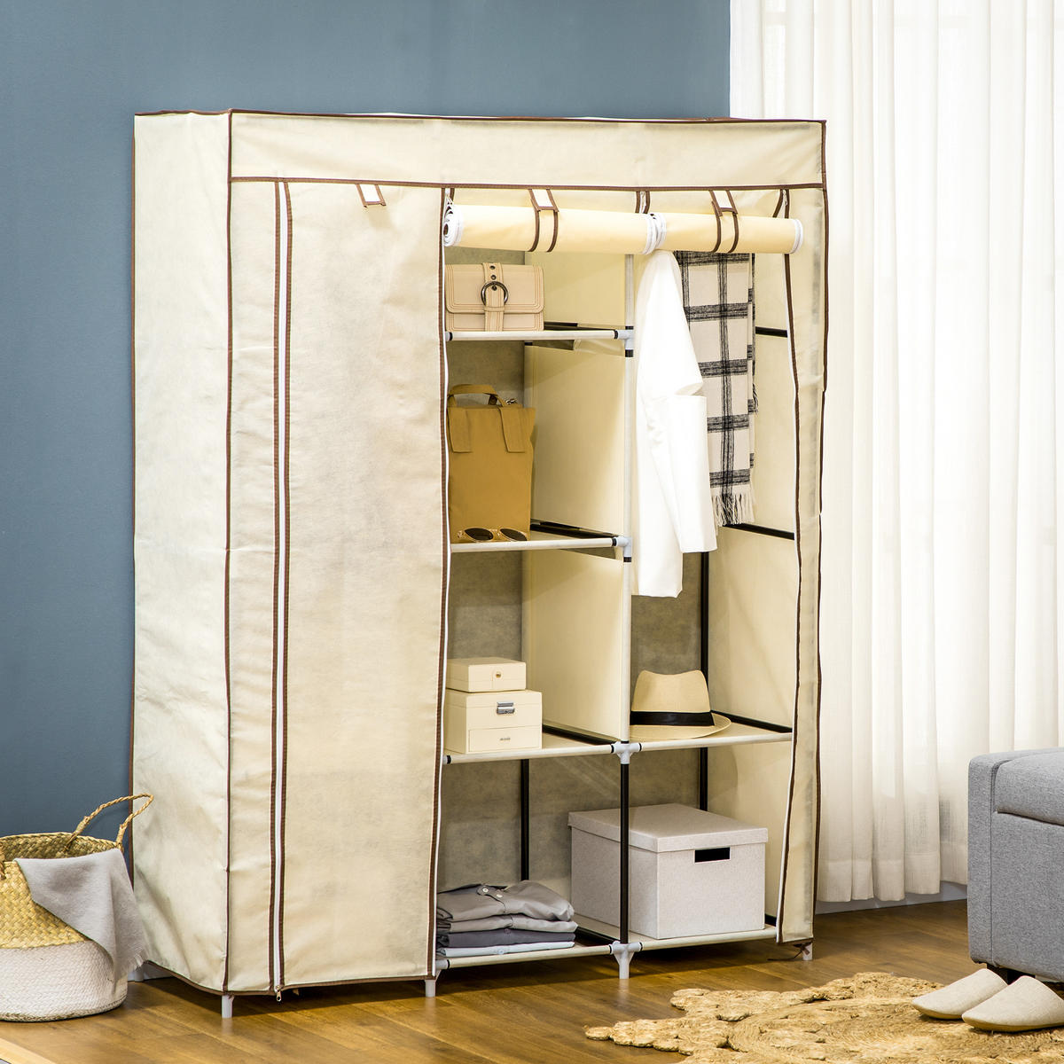 STOFFSCHRANK, 8 Ebenen, Cremeweiß, 125 x 43 x 162,5 cm - Weiß, Metall (125/162.5/43cm) - HOMCOM