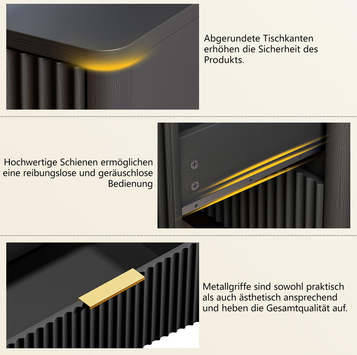 NACHTTISCH aus MDF 58x38x64 cm Schwarz mit 3 Schubladen, Dämpfungssystem und Rillenfront - Schwarz, Holzwerkstoff (58/64/38cm) - Modfu