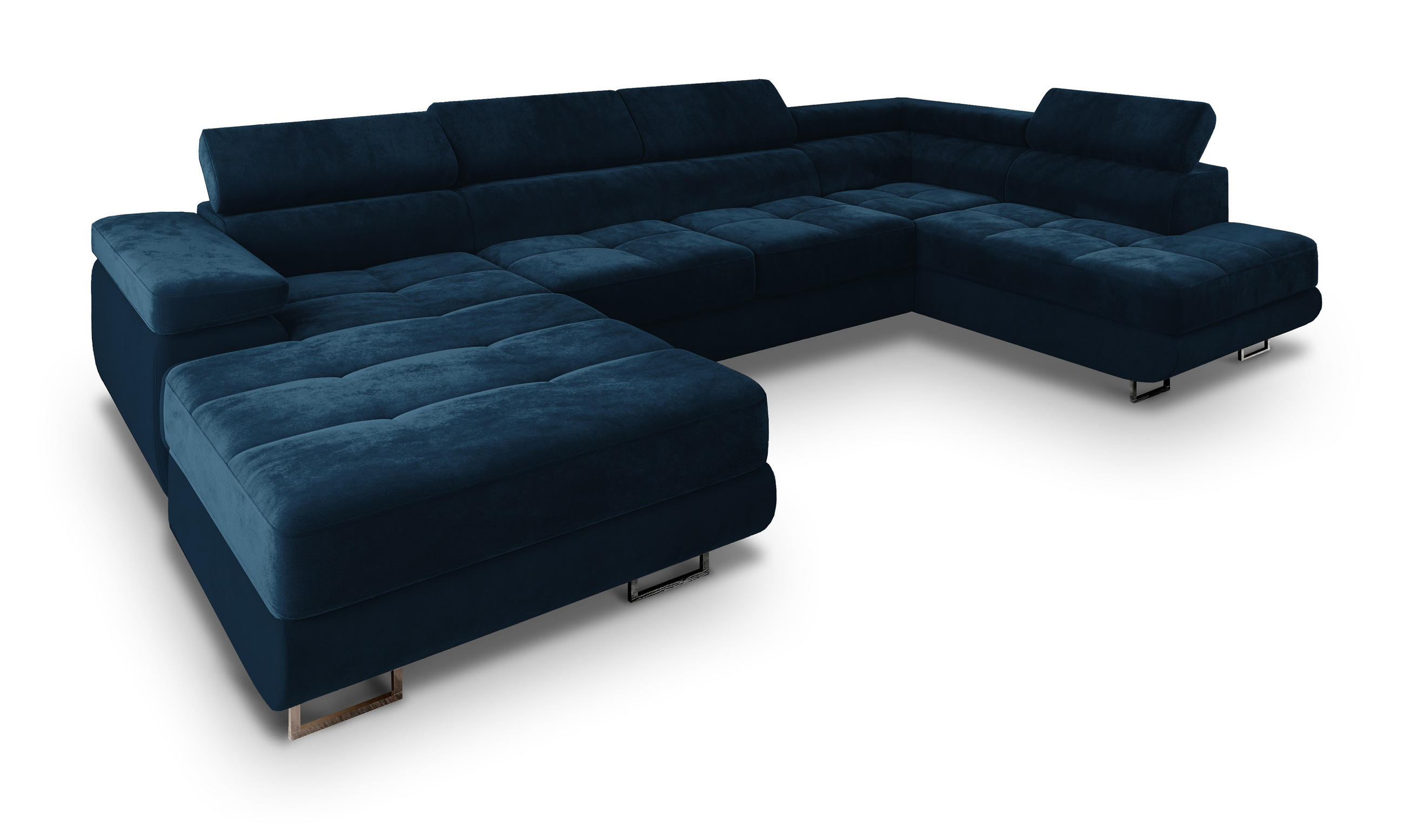 WOHNLANDSCHAFT CASONE R-S Blau Velours-Stoff mit Schlaffunktion - Blau, Holz (345/90/202cm) - MASSENO