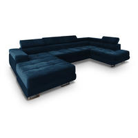 WOHNLANDSCHAFT CASONE R-S Blau Velours-Stoff mit Schlaffunktion - Blau, Holz (345/90/202cm) - MASSENO