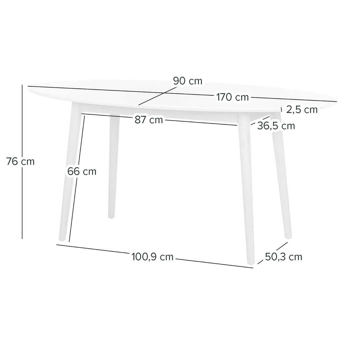 ESSTISCH oval - Eiche teilmassiv - Weiß, Holzwerkstoff (90/170/76cm) - home24