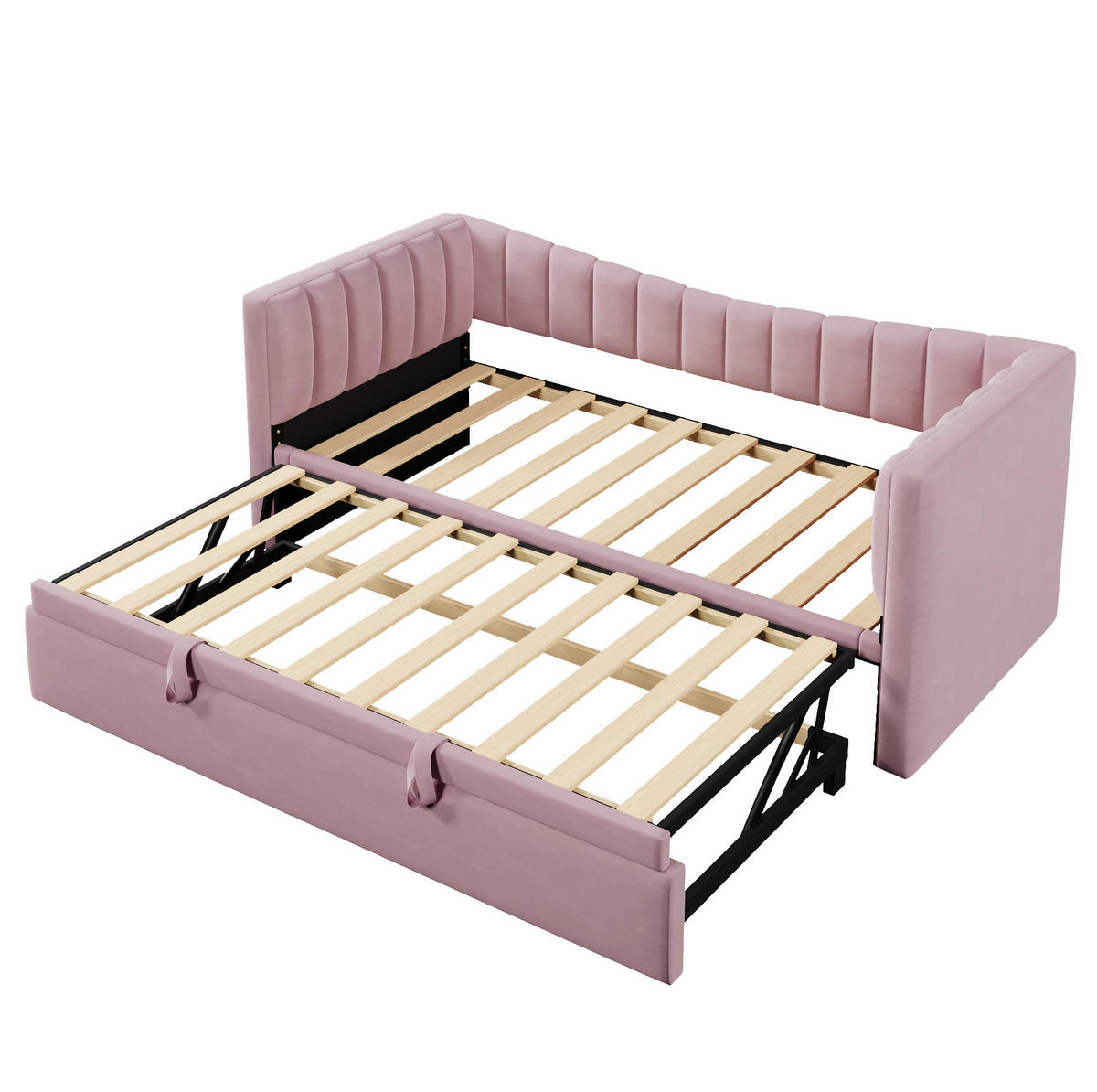 POLSTERBETT aus Samt und MDF 90x200 cm Rosa mit Ziehbett, ausziehbar auf 180x200 cm - Rosa, Textil (180/200cm) - Modfu
