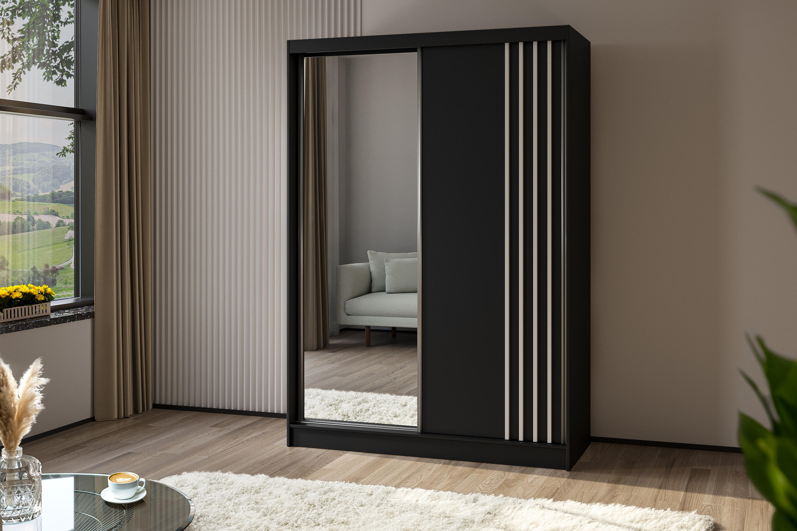 KLEIDERSCHRANK mit Spiegel-Schiebetüren und Aluminium-Leisten, LED-Beleuchtung - NALLA - 150 cm Schwarz+Schwarz+Weiß - Schwarz/Weiß, Holzwerkstoff (150/216/61cm) - ALTDECOR