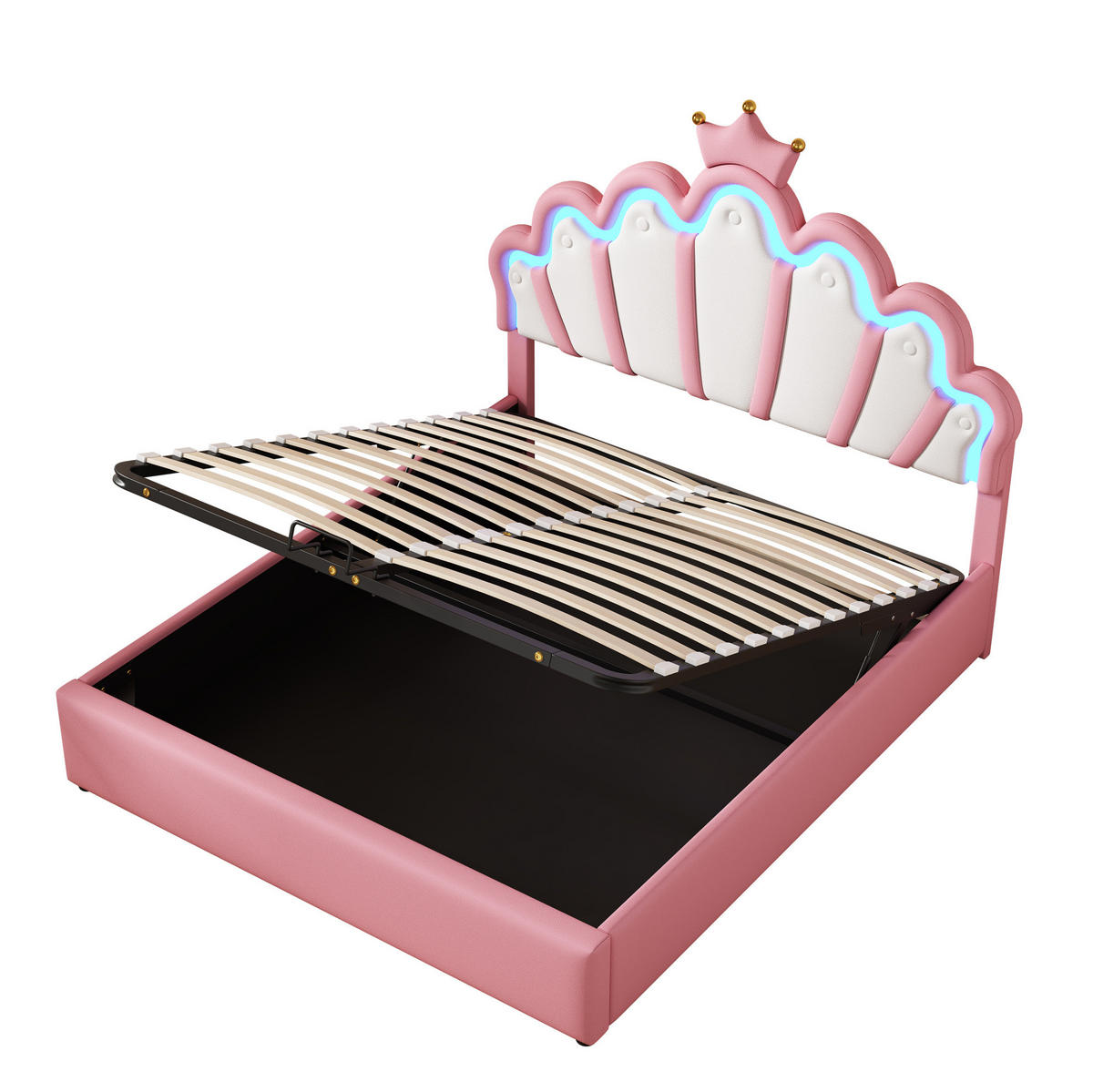 POLSTERBETT 140/200 cm mit LED-Beleuchtung, hydraulischem Bettkasten und Kronen-Kopfteil, Rosa - Rosa, Kunststoff (140/200cm) - Redom