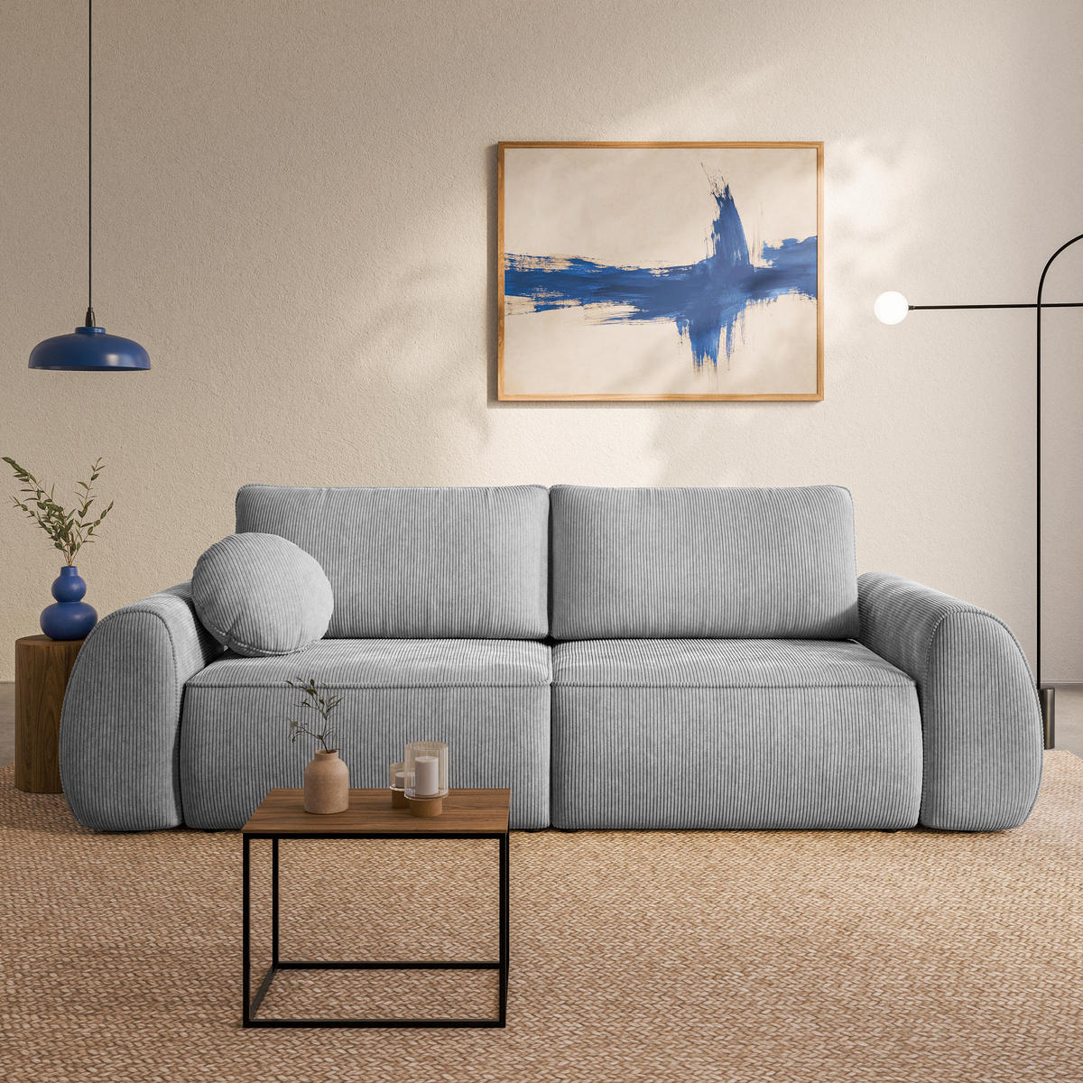 BETTSOFA ZEFEO Hellgrau Kordstoff mit Schlaffunktion - Hellgrau, Textil (264/96/106cm) - MASSENO