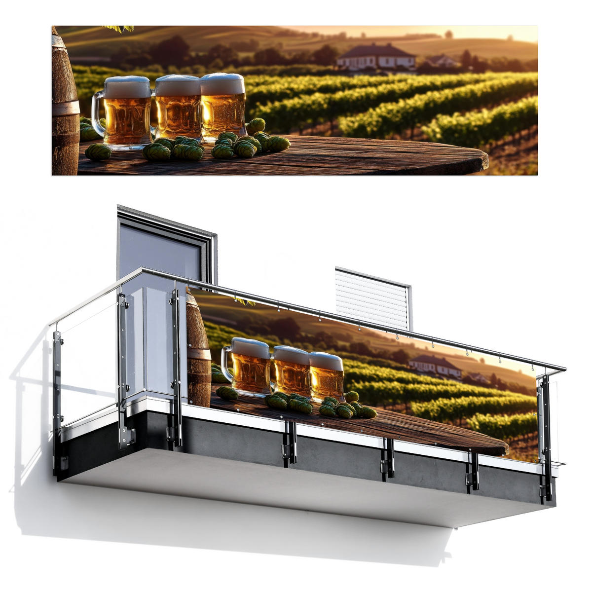 BALKON-SICHTSCHUTZ Bier - Hopfen - Landschaft - Grün, Kunststoff (300/90cm) - MuchoWow