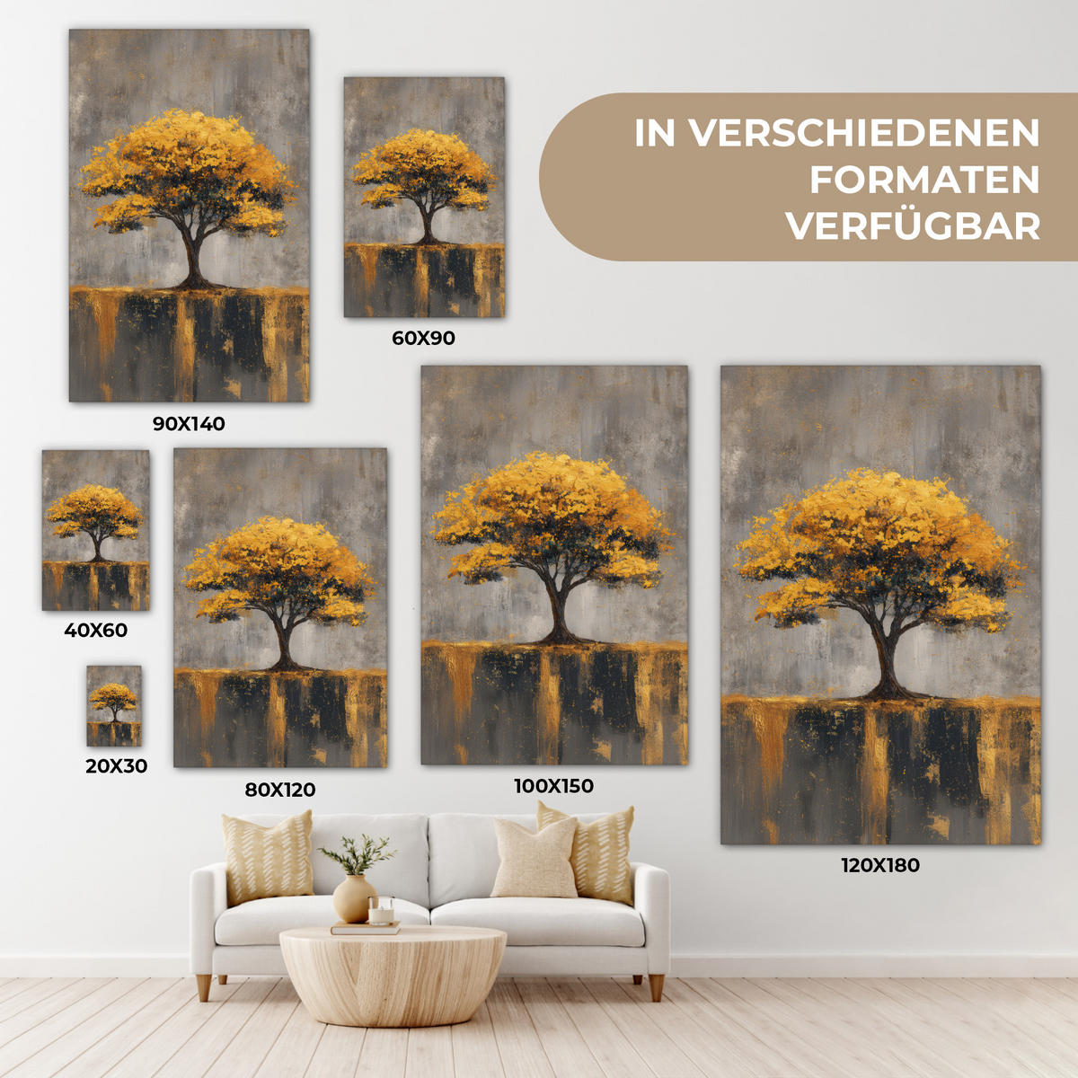 LEINWANDBILD Baum - Blätter - Gold - Abstrakt Deko Groß 90x140 cm - Grau, Textil (90/140cm) - MuchoWow