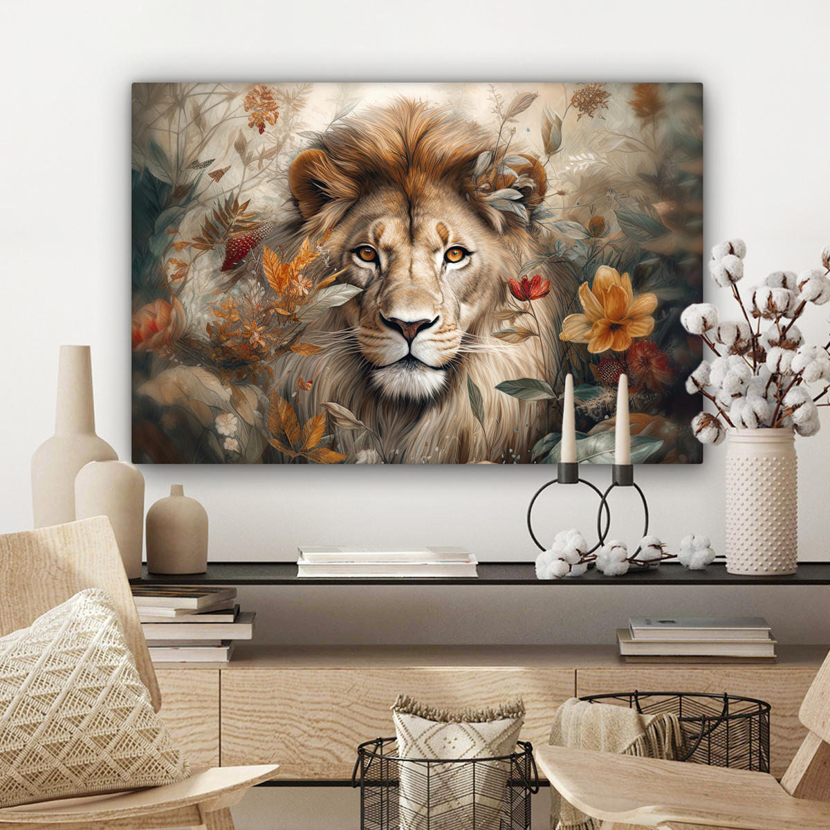 LEINWANDBILD Löwe - Wildtiere - Pflanzen - Natur - Blumen Wanddeko 90x60 cm - Beige, Textil (90/60cm) - MuchoWow