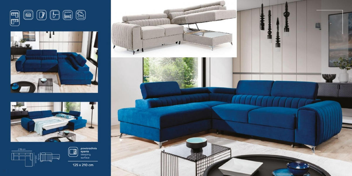 ECKSOFA mit Schlaffunktion und Bettkasten, wasserabweisender Monolith-Stoff - Gelb/Silberfarben, Textil/Metall (275/205cm) - Eltap