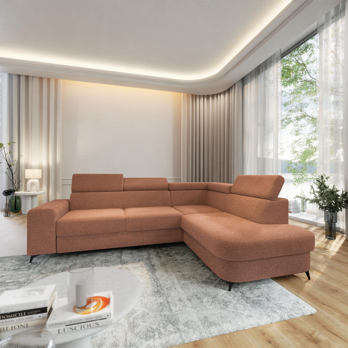 ECKSOFA ALVORO R-S Kupferfarben Boucle-Stoff mit Schlaffunktion - Kupferfarben, Holz (253/190cm) - MASSENO