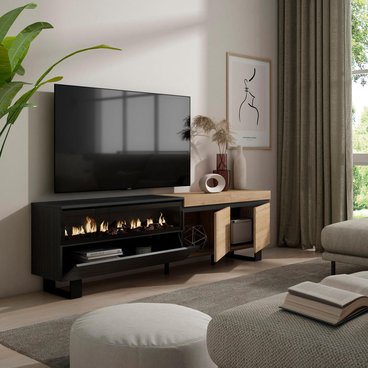 LOWBOARD, mit Elektrokamin, eiche, schwarz, 200/35/57cm - Eichefarben, Holzwerkstoff (200/57/35cm) - Skraut Home