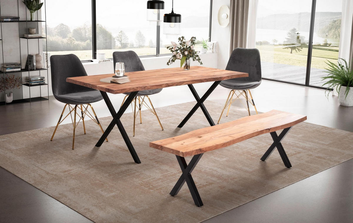 ESSTISCH Massivholz Metall X-Gestell Baumkante Industrial KRETA, Goldbraun-Schwarz 200x100x76 cm - Schwarz/Braun, Holz/Metall (100/200/76cm) - KADIMA DESIGN