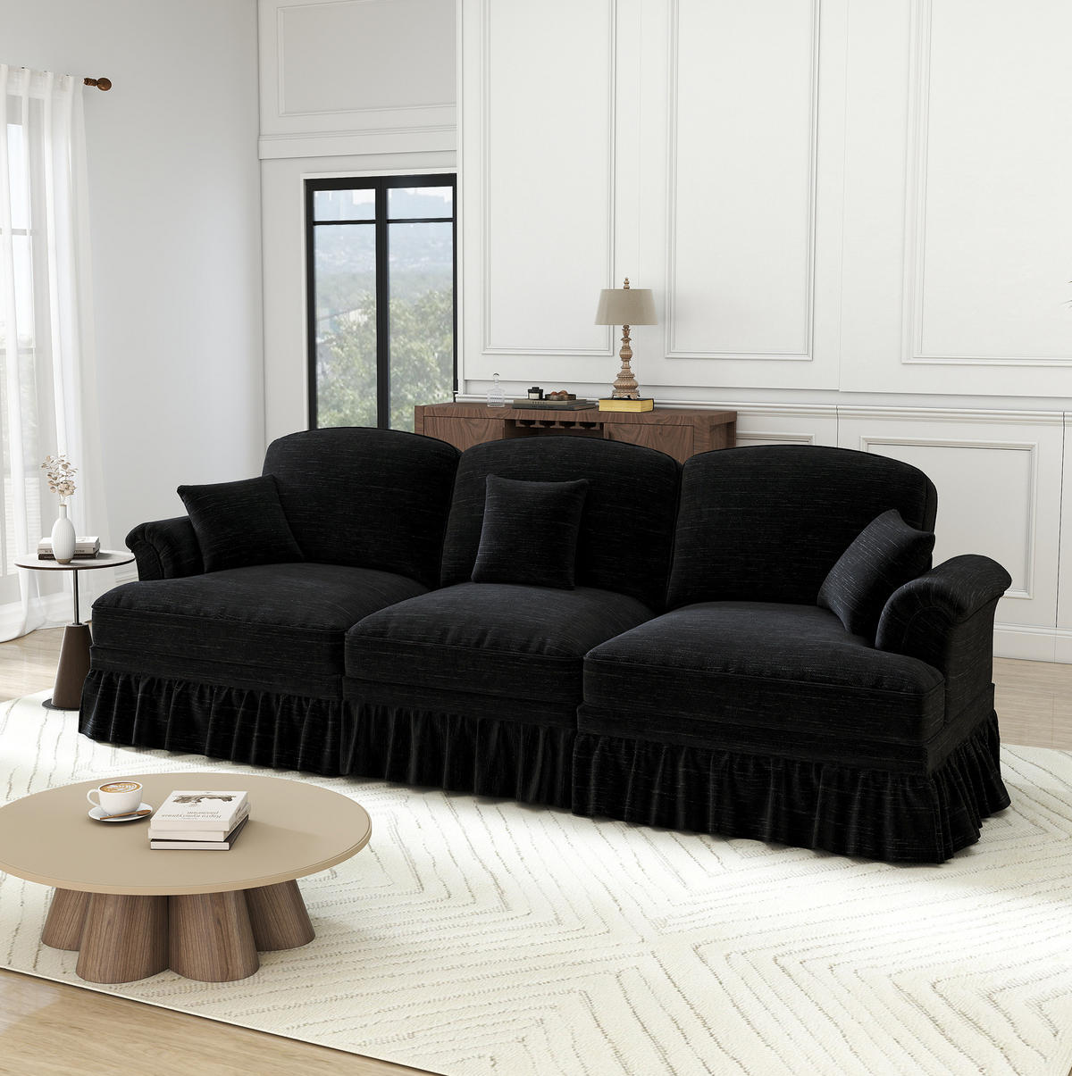 3-SITZER aus Chenille in Schwarz mit abnehmbarem Rüschenrock & 2 Looks - Schwarz, Textil (83.5/93/272cm) - Modfu