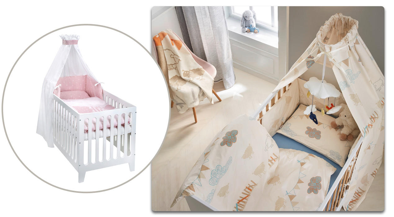 Collage 2er babybetten mit rosa Bettwäschesets und buntem Set