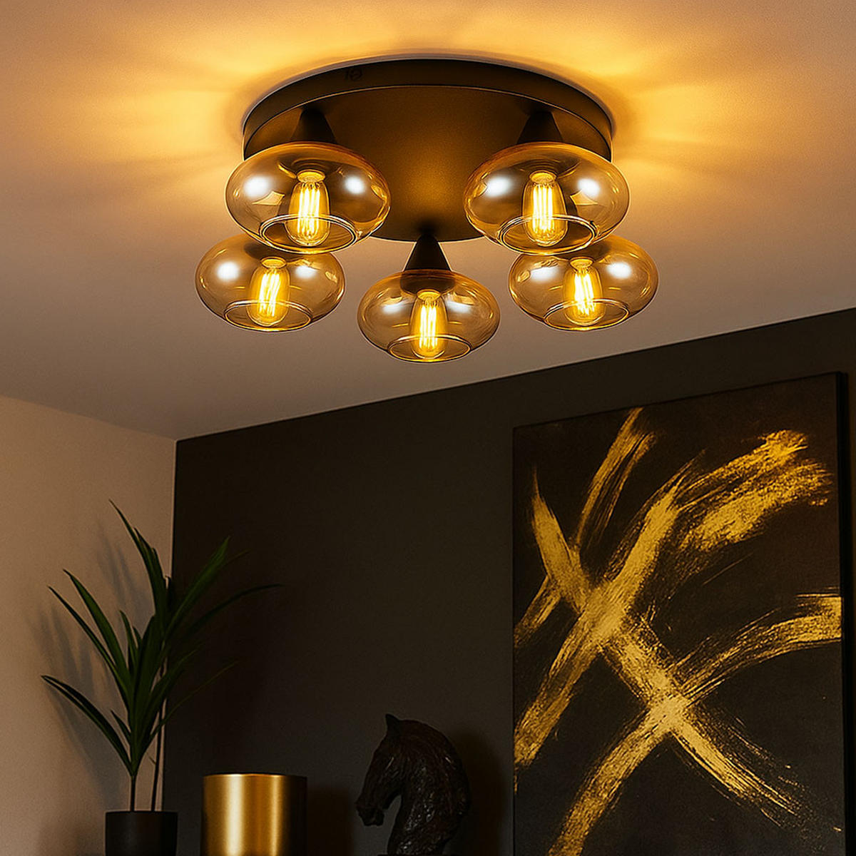 DECKENLEUCHTE DIVINA Glas Amber Schwarz - Schwarz, Glas (49/49/15cm)