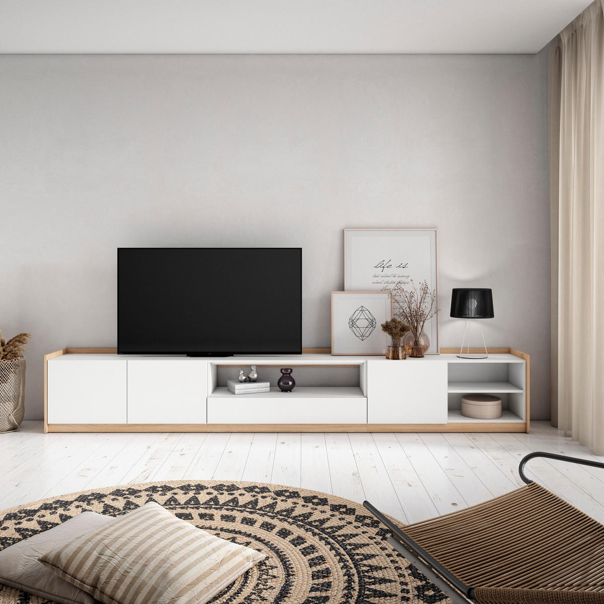 TV-SCHRANK, Lowboard, Weiß und Eiche Soft, 310/37/50cm - Weiß, Holzwerkstoff (310/50/37cm) - Skraut Home